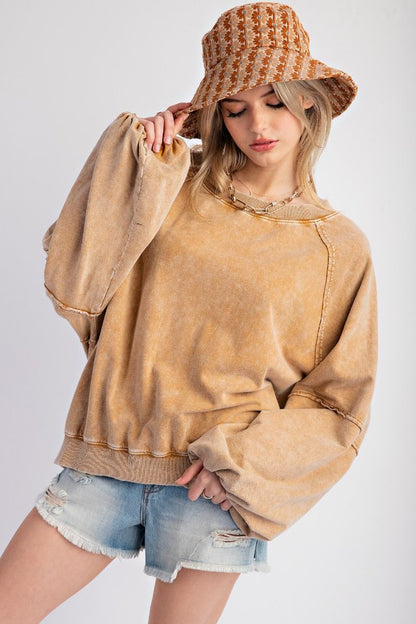 Sara Mineral Wash Terry Knit Pullover ~ Camel