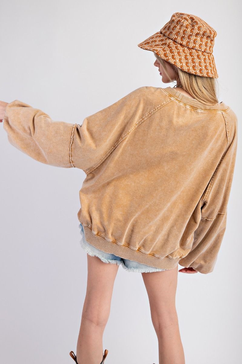 Sara Mineral Wash Terry Knit Pullover ~ Camel