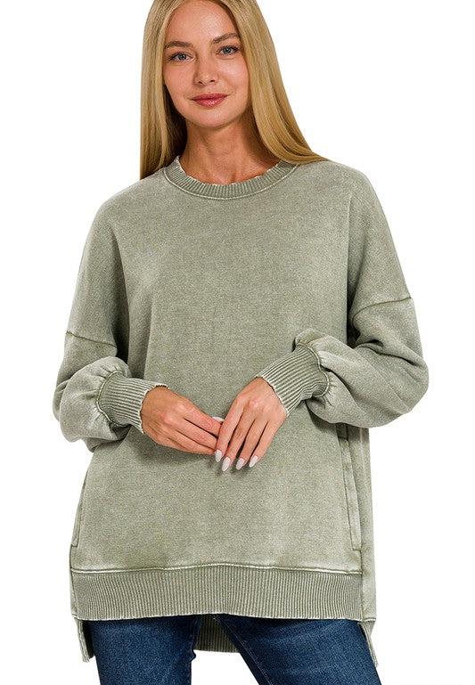 Maisie Acid Wash High Low Fleece Pullover ~ Light Olive