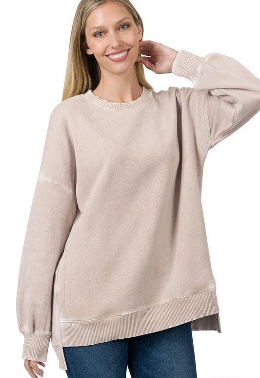 Maisie Acid Wash High Low Fleece Pullover ~ Ash Mocha