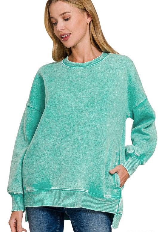 Maisie Acid Wash High Low Fleece Pullover ~ Turquoise