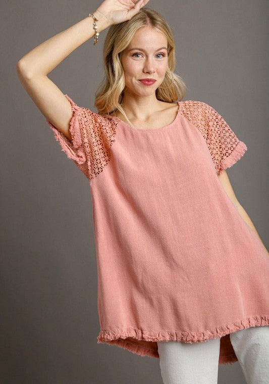 Lauren Linen Blend Crochet Sleeve Top ~ Rose