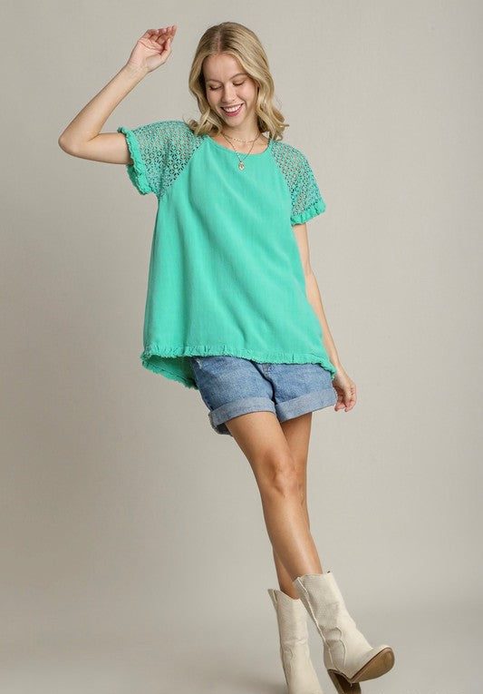 Lauren Linen Blend Crochet Sleeve Top ~ Emerald