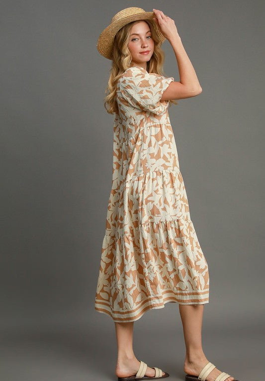 Brynn Botanical Print A Line Tiered Dress ~ Latte