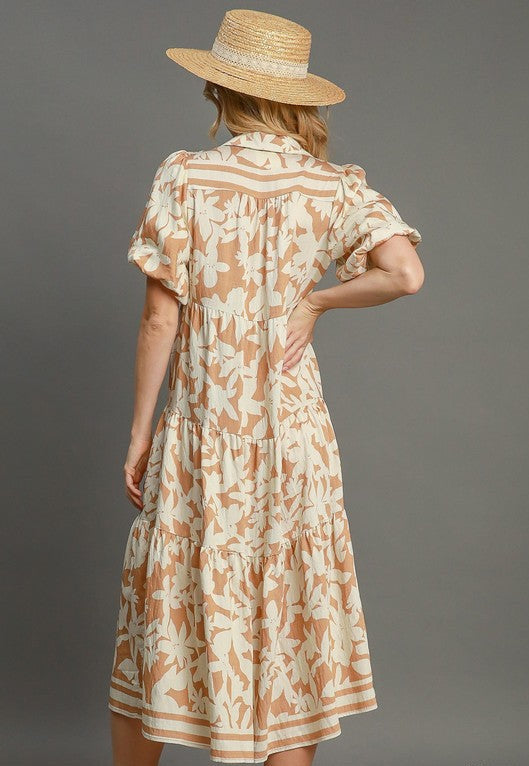 Brynn Botanical Print A Line Tiered Dress ~ Latte