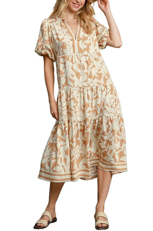 Brynn Botanical Print A Line Tiered Dress ~ Latte