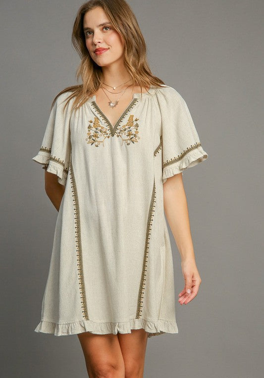 Lindsey Linen Peasant Mini Dress ~ Oatmeal