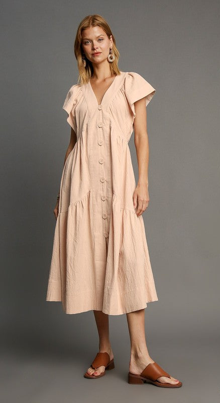 Victoria V Neck Button Down Midi Dress ~ Natural