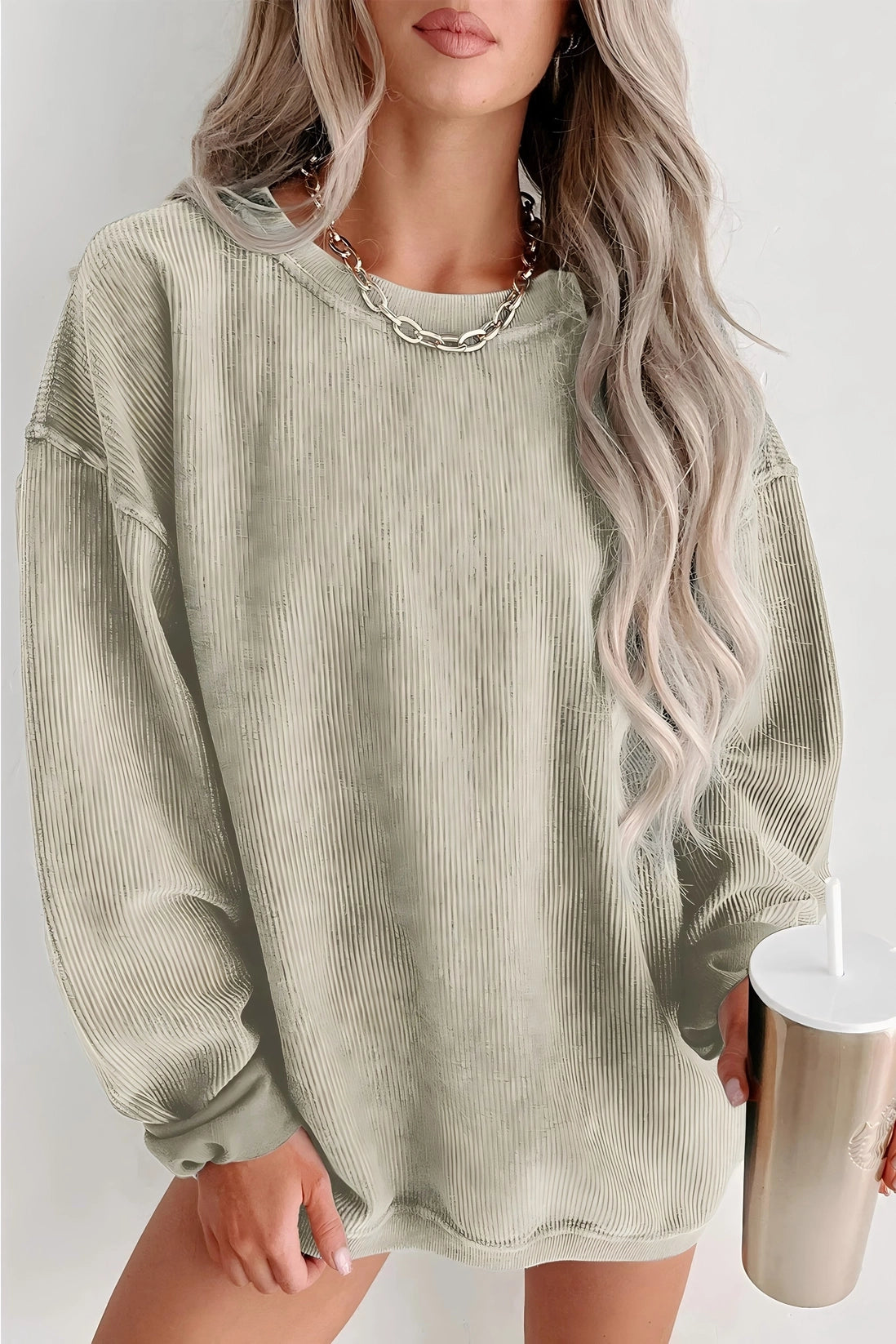 Rita Ribbed Knit Round Neck Pullover ~ Light Olive