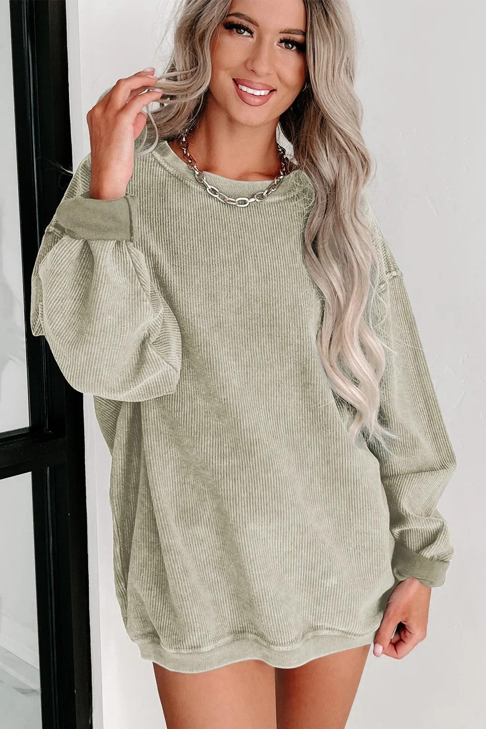 Rita Ribbed Knit Round Neck Pullover ~ Light Olive