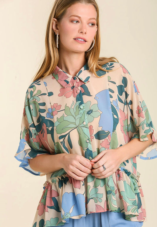 Sydney Floral Button Up Top ~ Mint