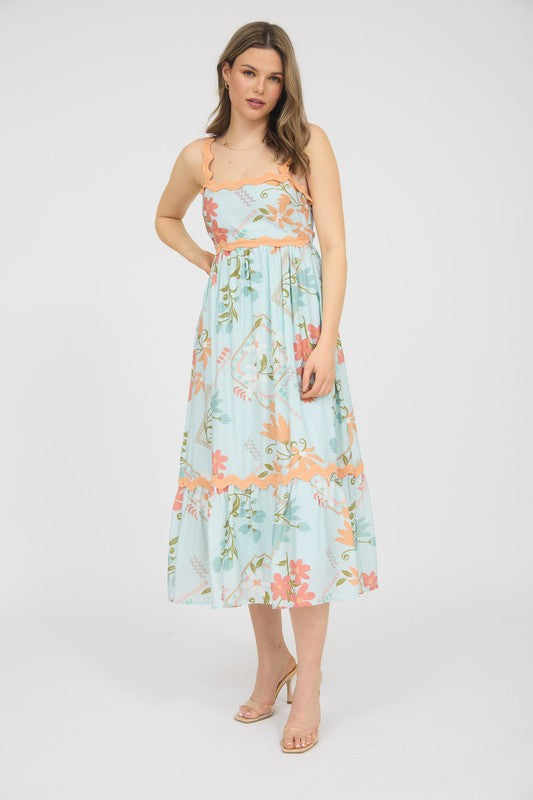 Cassie Floral Wavy Detail Midi Dress ~ Mint