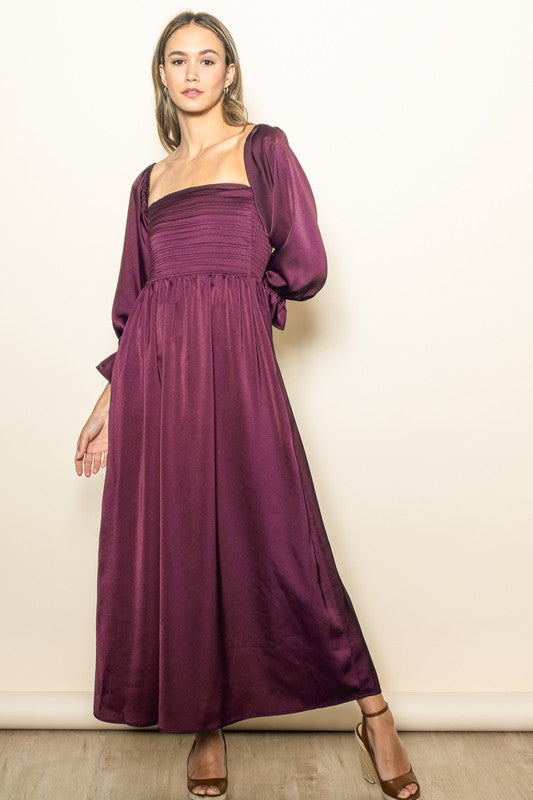 Olivia On & Off Shoulder Pleated Satin Maxi Dress W/ Pockets