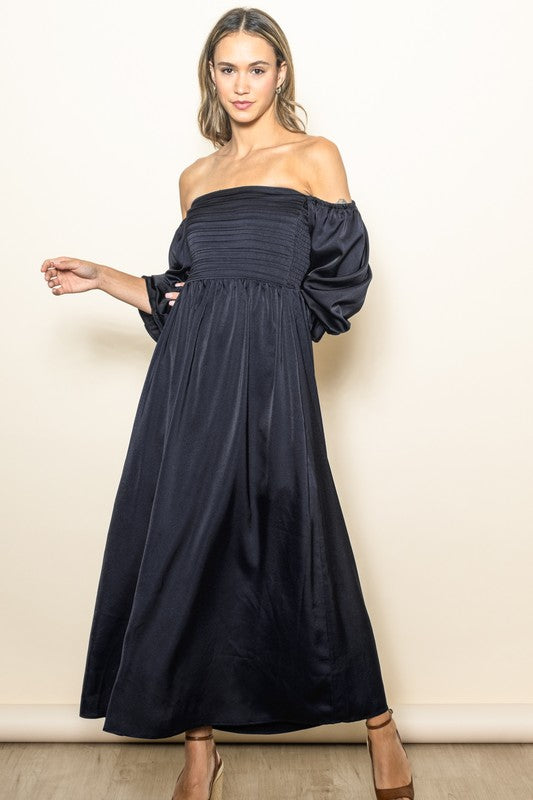 Olivia On & Off Shoulder Pleated Satin Maxi Dress W/ Pockets