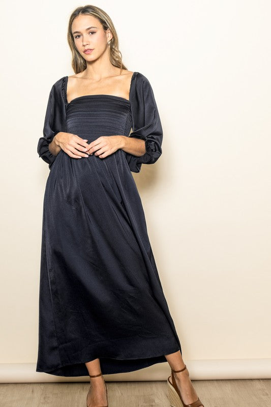 Olivia On & Off Shoulder Pleated Satin Maxi Dress W/ Pockets