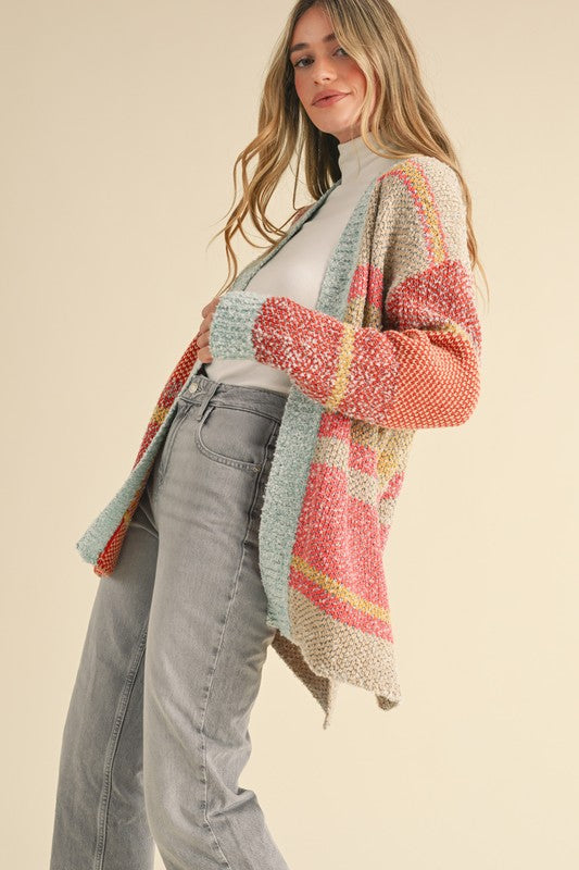 Avery Color Block Cardigan ~ Mint/Taupe/Orange