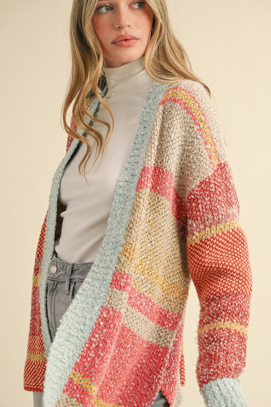 Avery Color Block Cardigan ~ Mint/Taupe/Orange