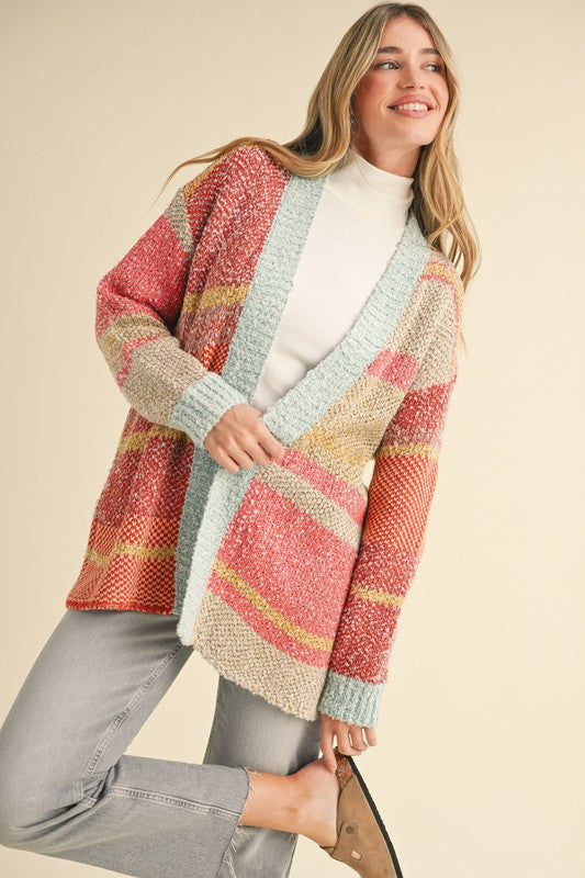 Avery Color Block Cardigan ~ Mint/Taupe/Orange