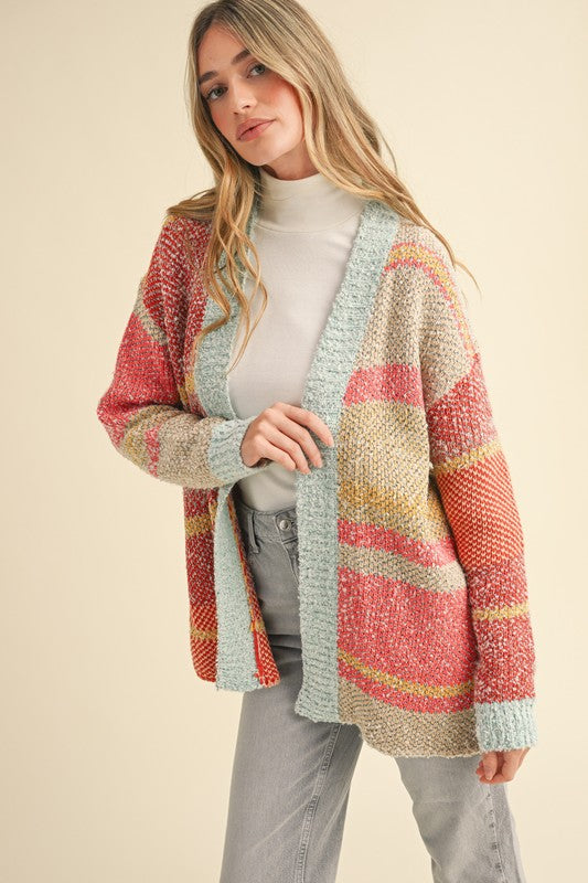 Avery Color Block Cardigan ~ Mint/Taupe/Orange