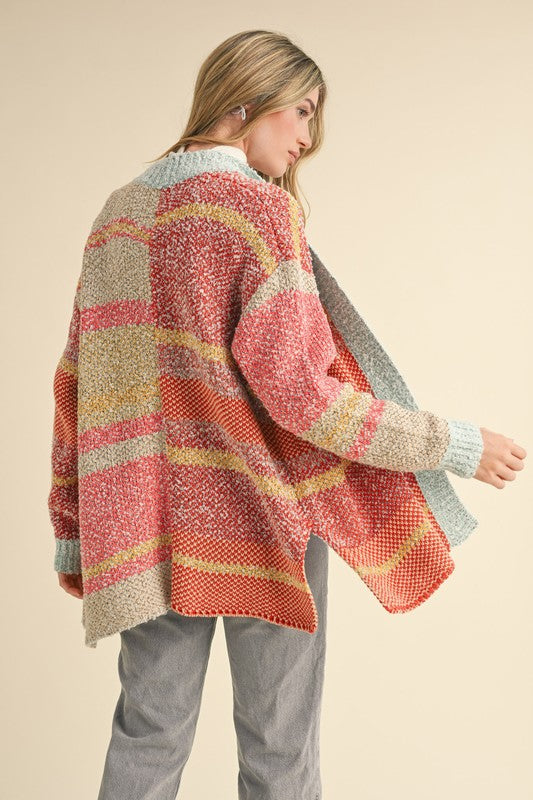 Avery Color Block Cardigan ~ Mint/Taupe/Orange