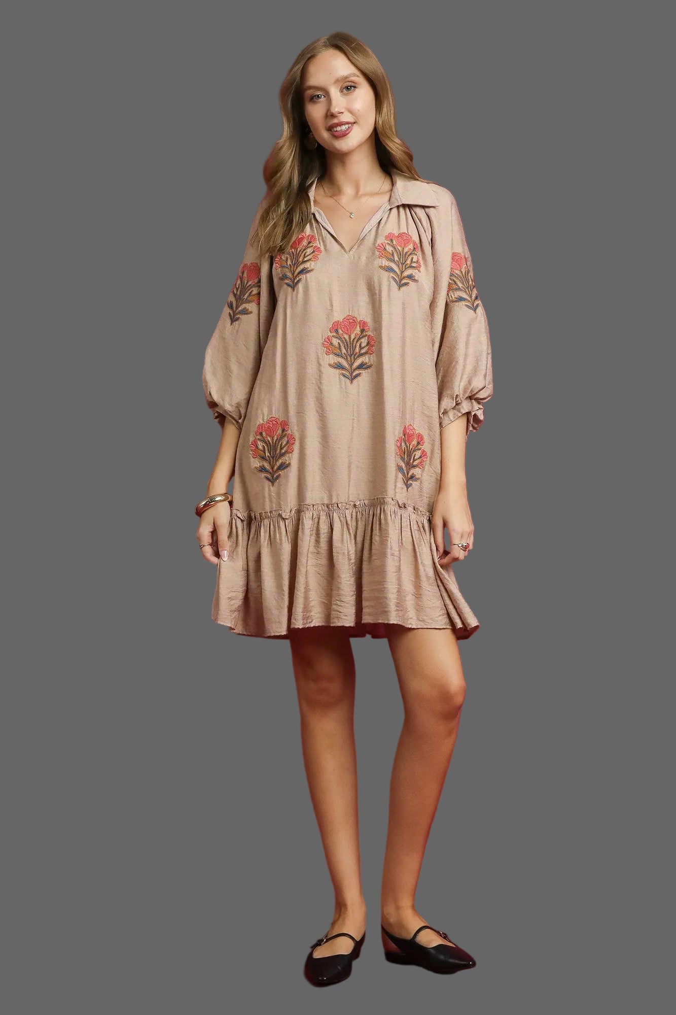 Emily Embroidered Floral Boho Ruffle Hem Dress ~ Latte