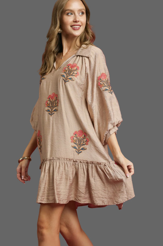 Emily Embroidered Floral Boho Ruffle Hem Dress ~ Latte