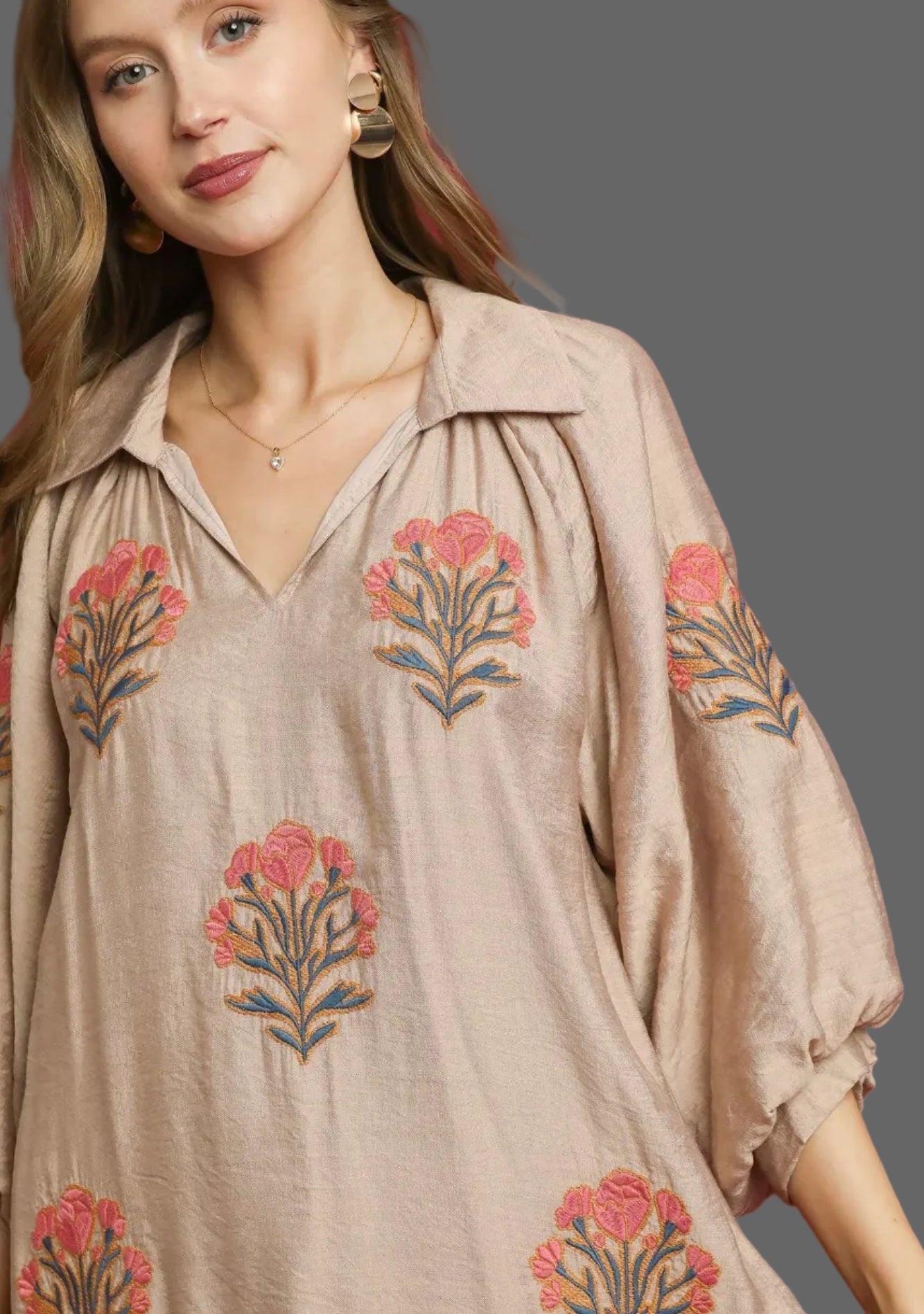 Emily Embroidered Floral Boho Ruffle Hem Dress ~ Latte