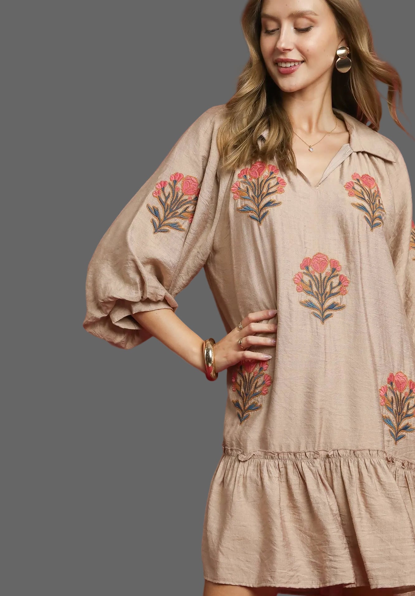 Emily Embroidered Floral Boho Ruffle Hem Dress ~ Latte