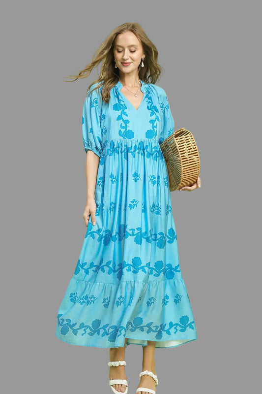 Veronica Vine Stippling Print Maxi Dress ~ Chambray