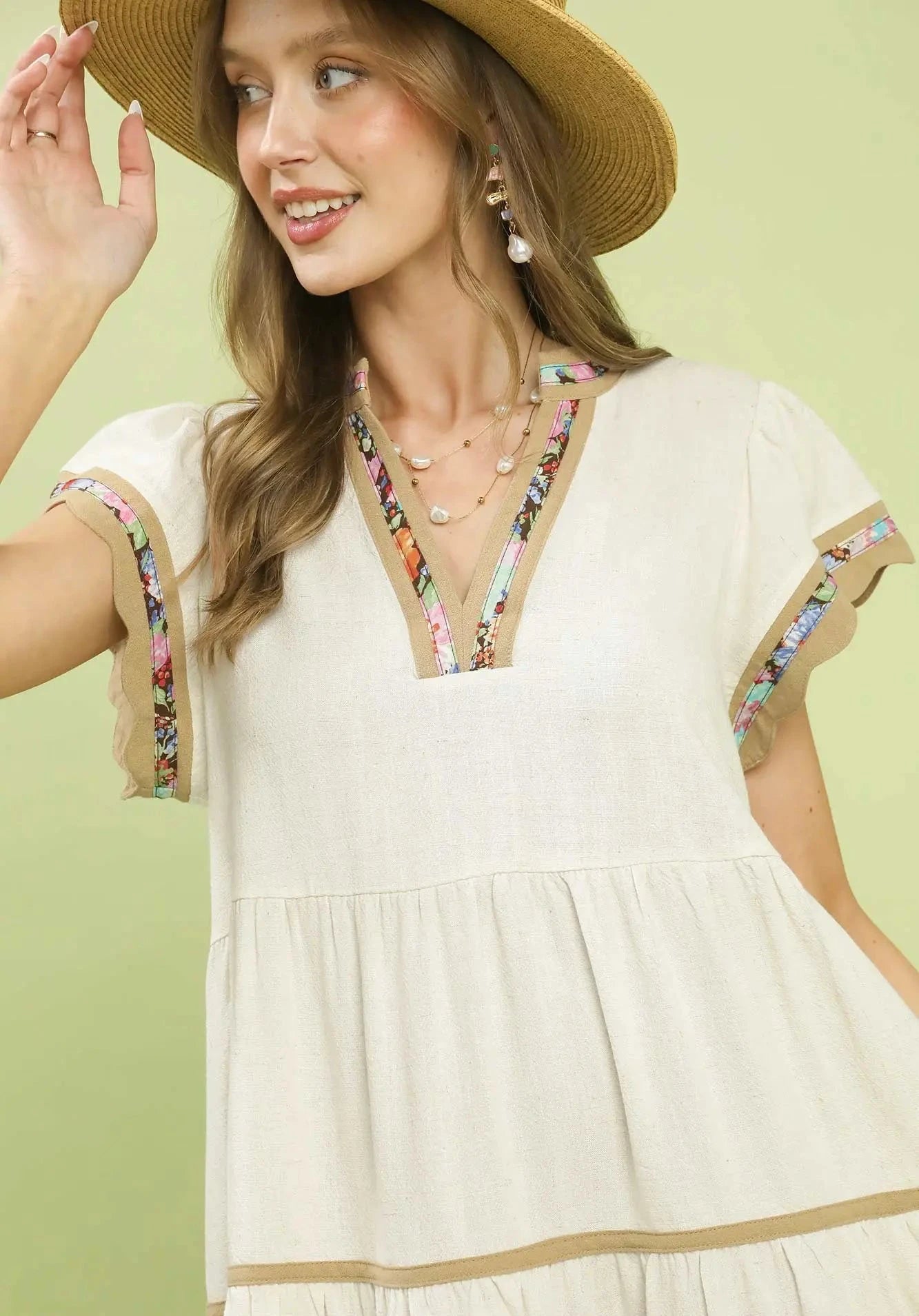 Lindsey Linen Tiered Flutter Sleeve Dress ~ Oatmeal