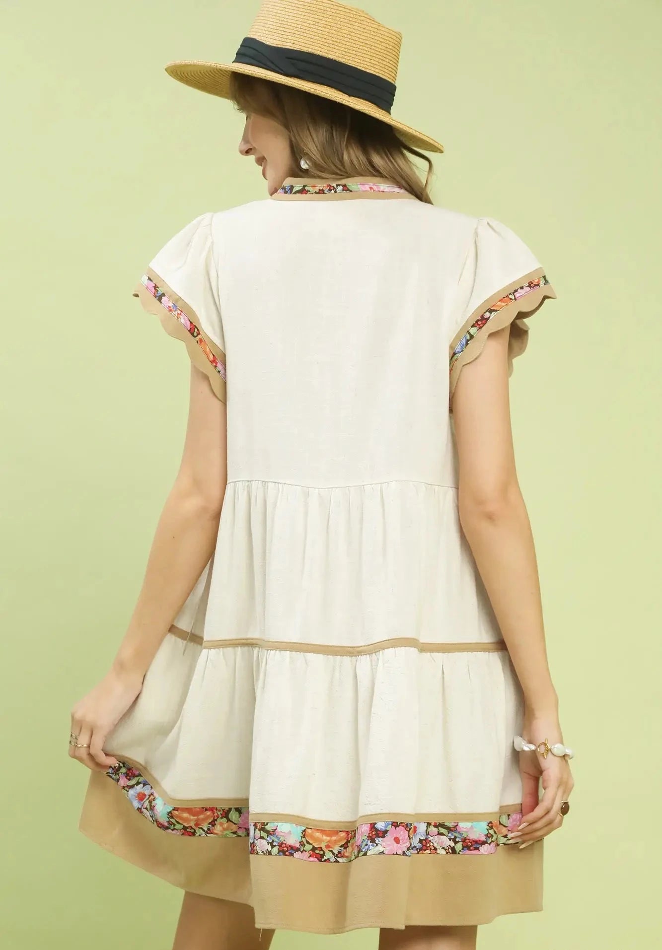 Lindsey Linen Tiered Flutter Sleeve Dress ~ Oatmeal