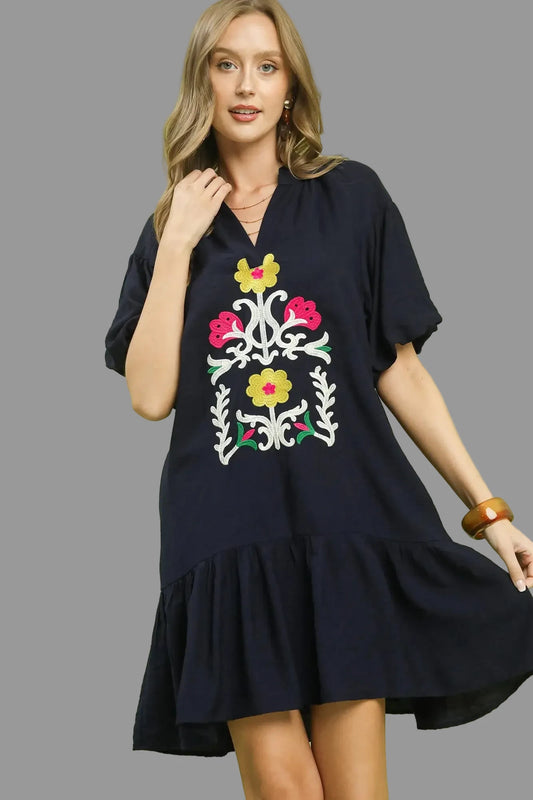 Rory Embroidered Floral Ruffle Hem Babydoll Dress ~ Navy