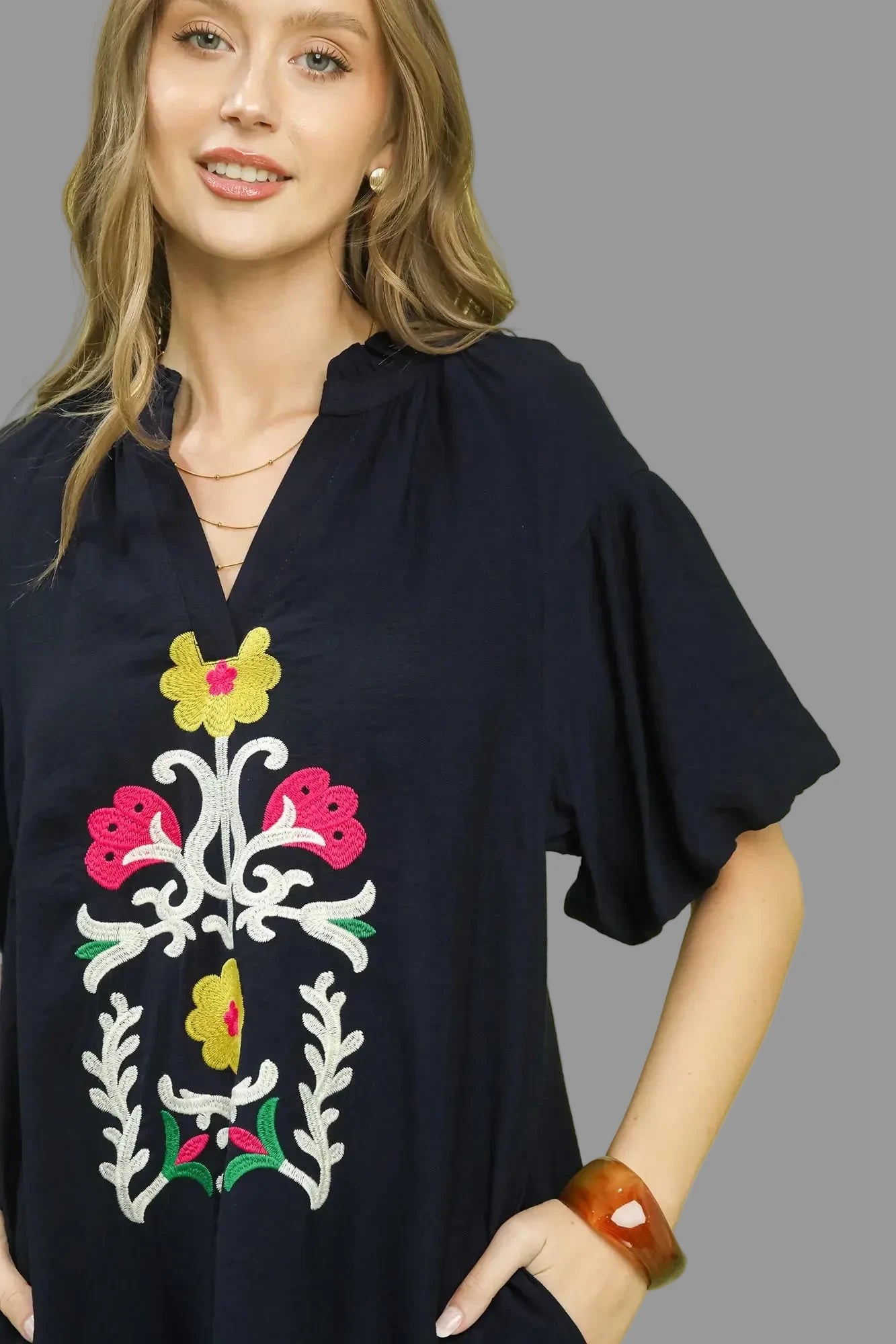 Rory Embroidered Floral Ruffle Hem Babydoll Dress ~ Navy
