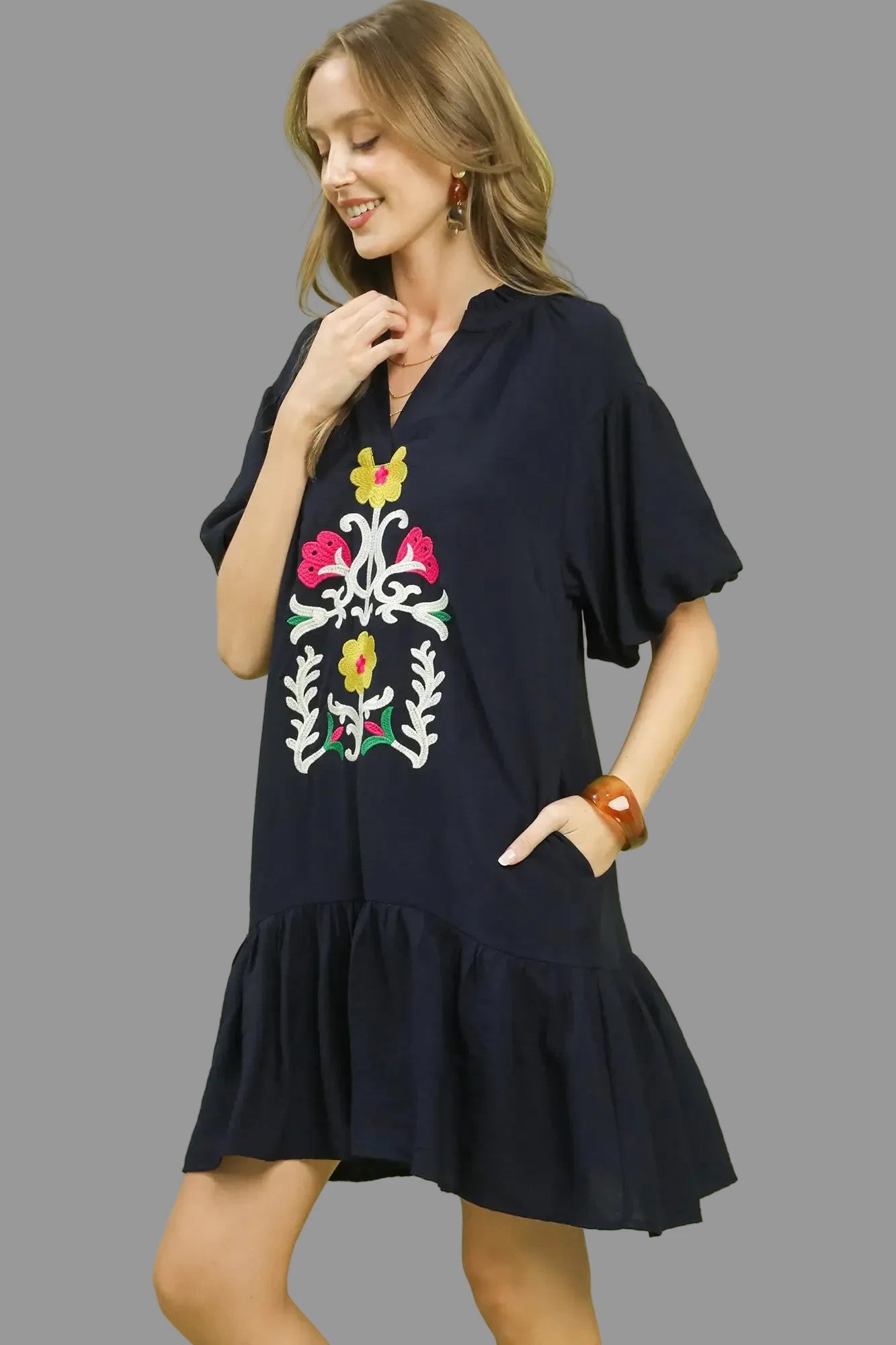 Rory Embroidered Floral Ruffle Hem Babydoll Dress ~ Navy