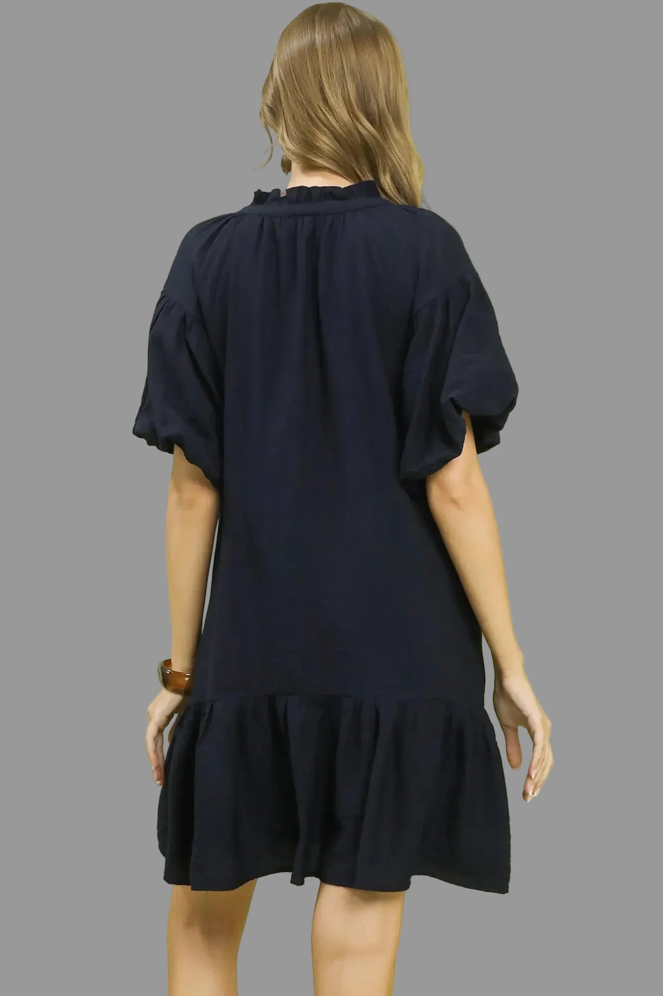 Rory Embroidered Floral Ruffle Hem Babydoll Dress ~ Navy