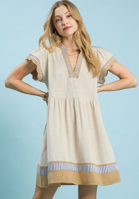 Sadie Linen Color Block Flutter Sleeve Dress ~ Oatmeal