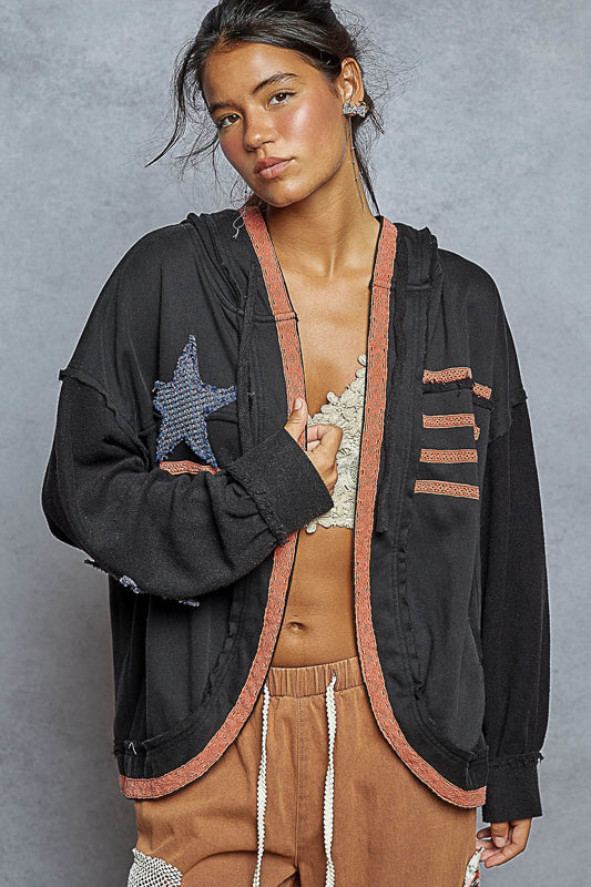 POL Star Patch Flag Trim Hoodie Cardigan ~ Washed Black