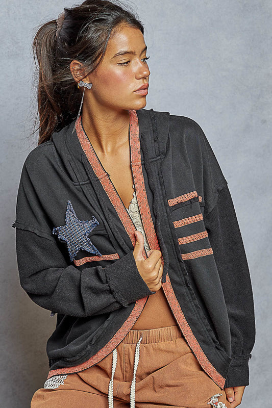 POL Star Patch Flag Trim Hoodie Cardigan ~ Washed Black
