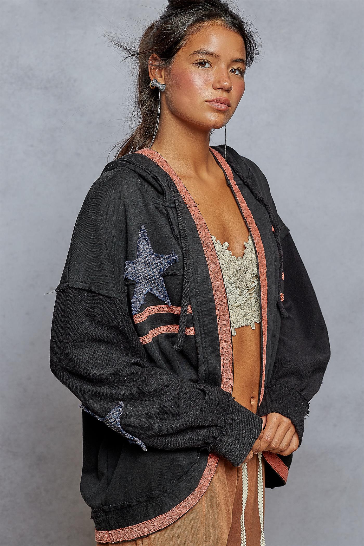 POL Star Patch Flag Trim Hoodie Cardigan ~ Washed Black