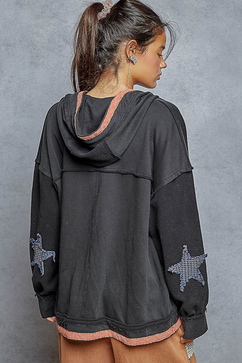 POL Star Patch Flag Trim Hoodie Cardigan ~ Washed Black