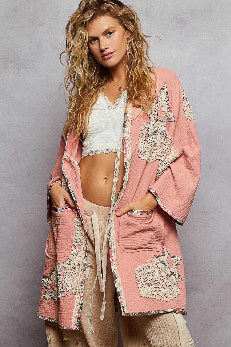 POL 3/4 Sleeve Crochet Star Patch Cardigan ~ Flamingo Pink