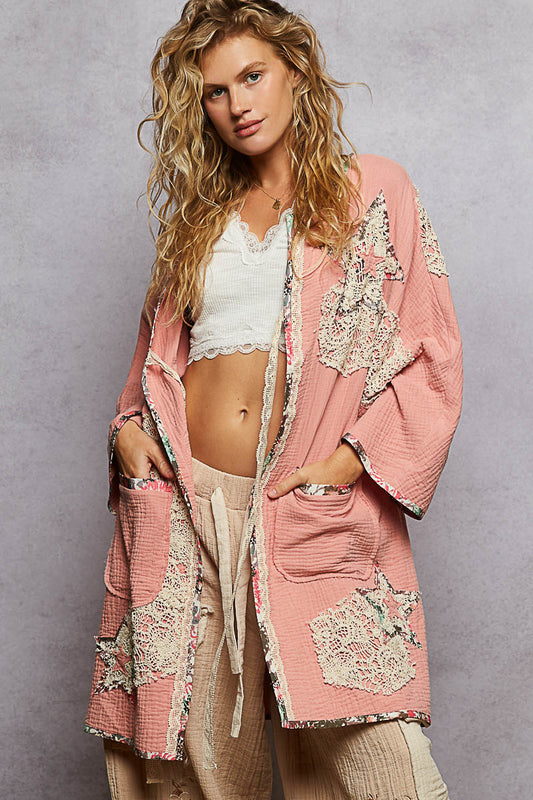 POL 3/4 Sleeve Crochet Star Patch Cardigan ~ Flamingo Pink
