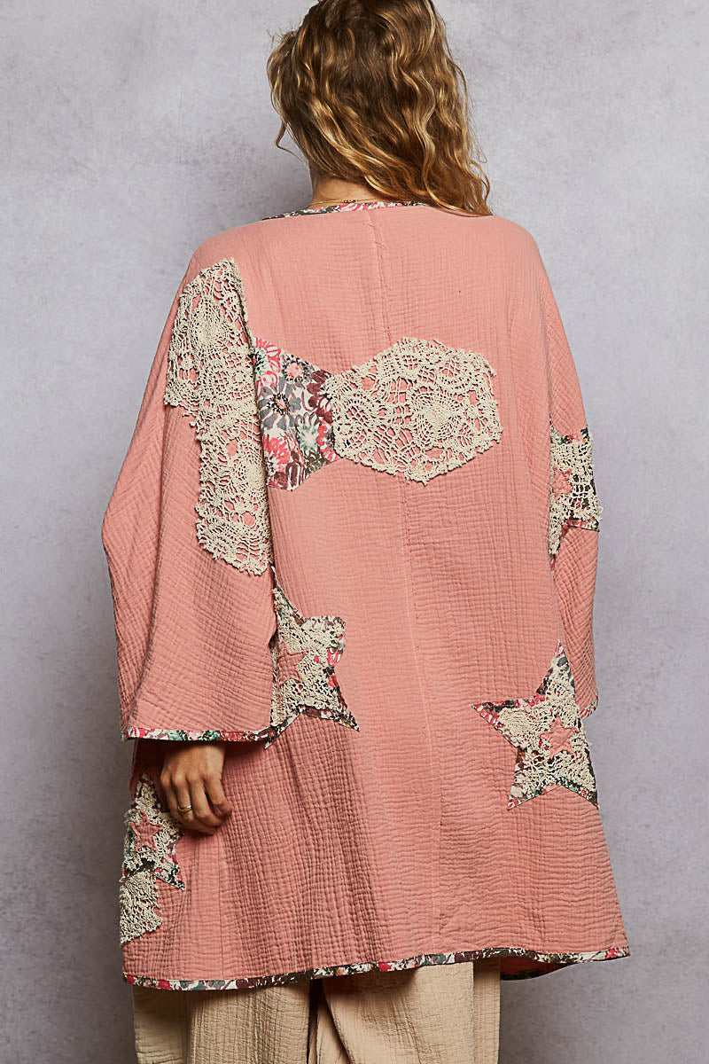 POL 3/4 Sleeve Crochet Star Patch Cardigan ~ Flamingo Pink