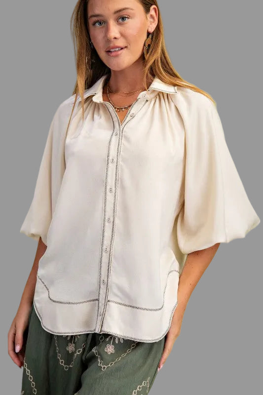 Selena Satin Balloon Sleeve Button Down Top ~ Cream