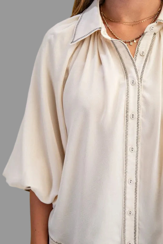 Selena Satin Balloon Sleeve Button Down Top ~ Cream