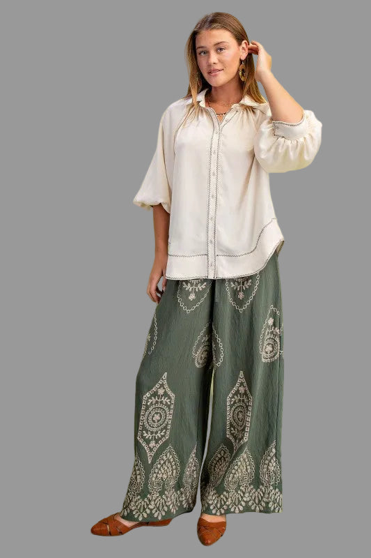 Selena Satin Balloon Sleeve Button Down Top ~ Cream
