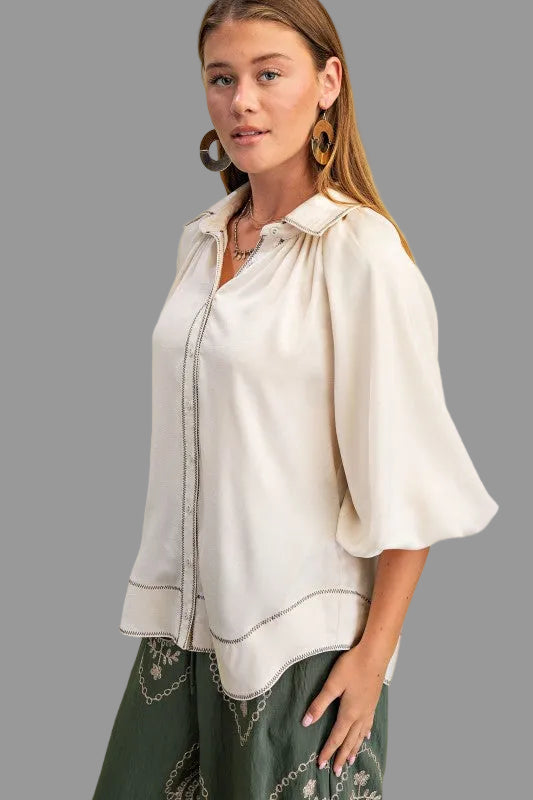Selena Satin Balloon Sleeve Button Down Top ~ Cream