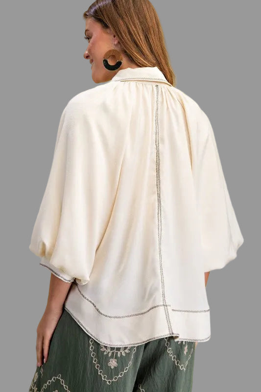 Selena Satin Balloon Sleeve Button Down Top ~ Cream