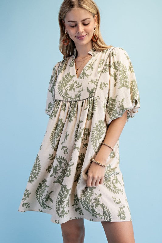 Patty Printed Babydoll Mini Dress ~ Sage