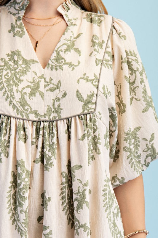 Patty Printed Babydoll Mini Dress ~ Sage